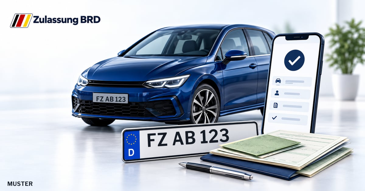 Online Fahrzeugzulassung in Schwalm-Eder-Kreis: Musterkennzeichen FZ AB 123, Auto und Fahrzeugpapiere und Smartphone. Illustration mit Logo von Zulassung BRD.
